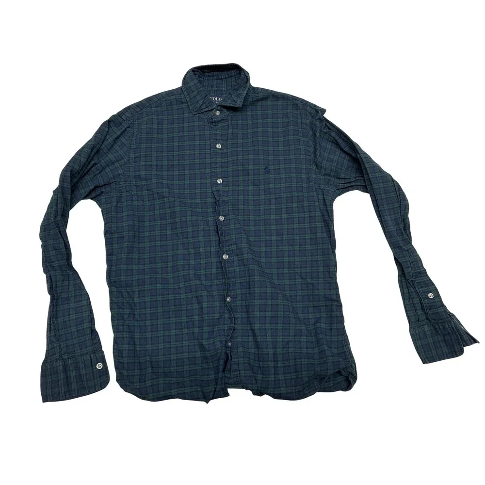 Polo Ralph Lauren Slim Fit Blackwatch Plaid Flannel Shirt Mens Medium Navy Green